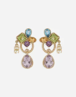 18kt yellow gold pierced earrings withmulticolors gemstones