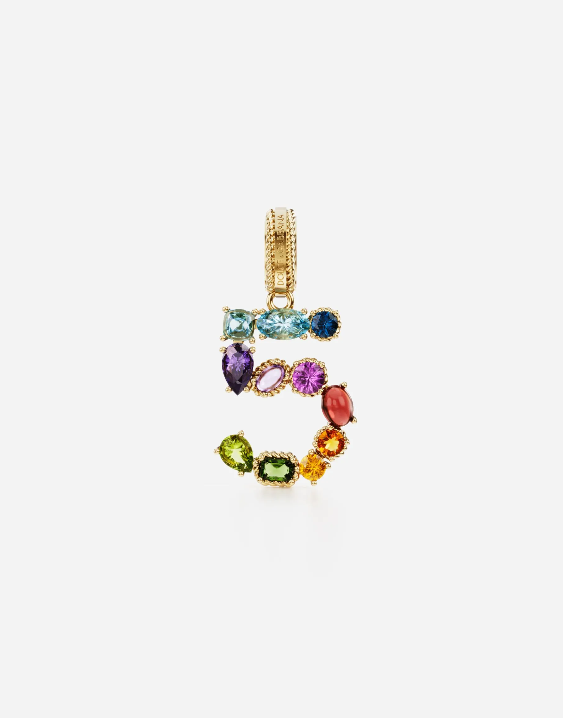 18 kt yellow gold rainbow pendant with multicolor finegemstones representing number 5