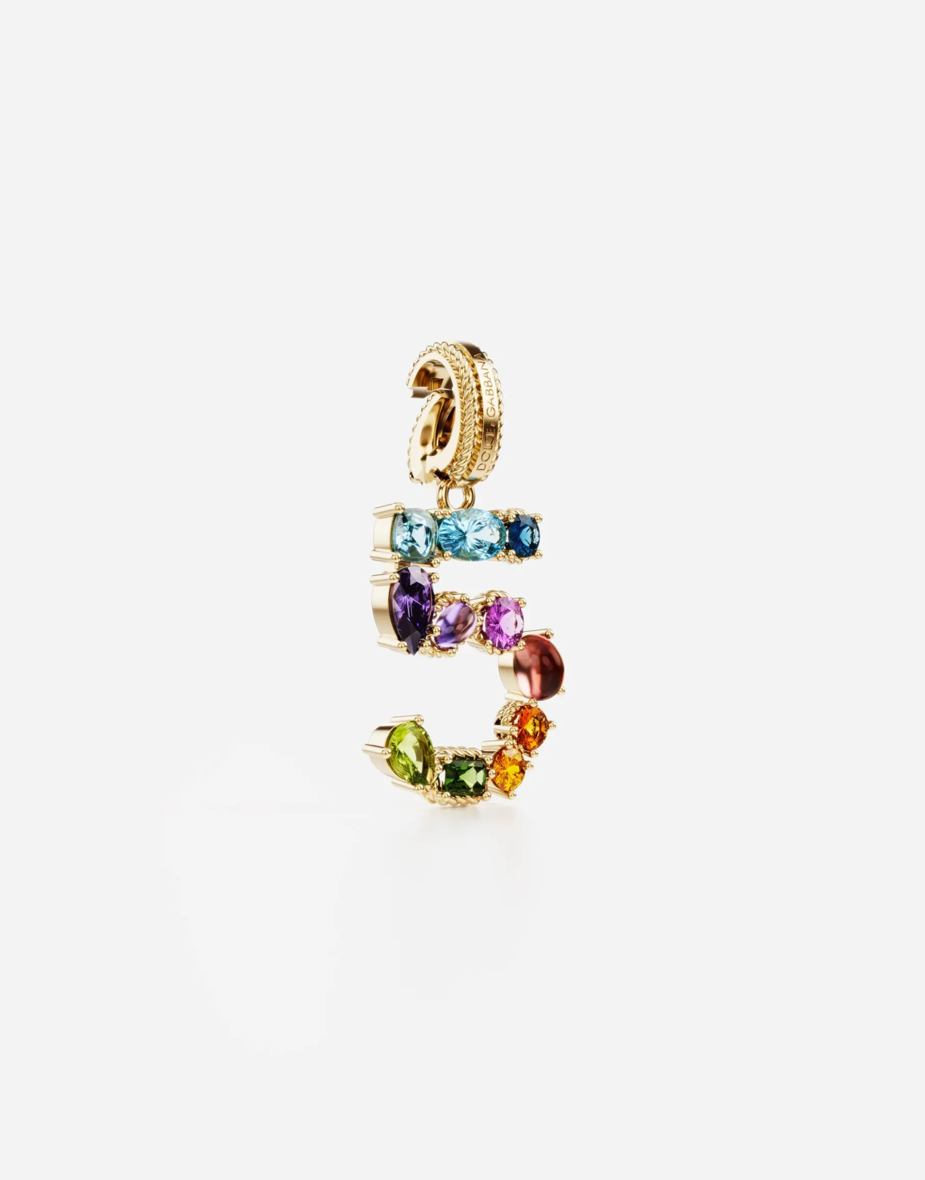 18 kt yellow gold rainbow pendant with multicolor finegemstones representing number 5