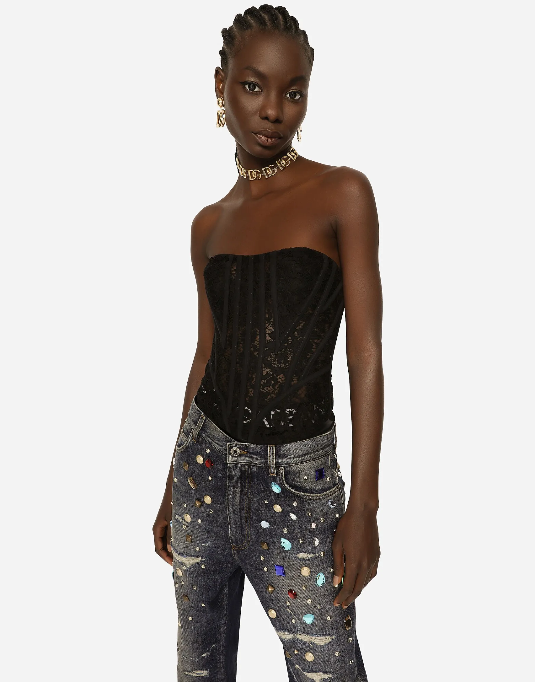 Lace bustier with laces and eyelets