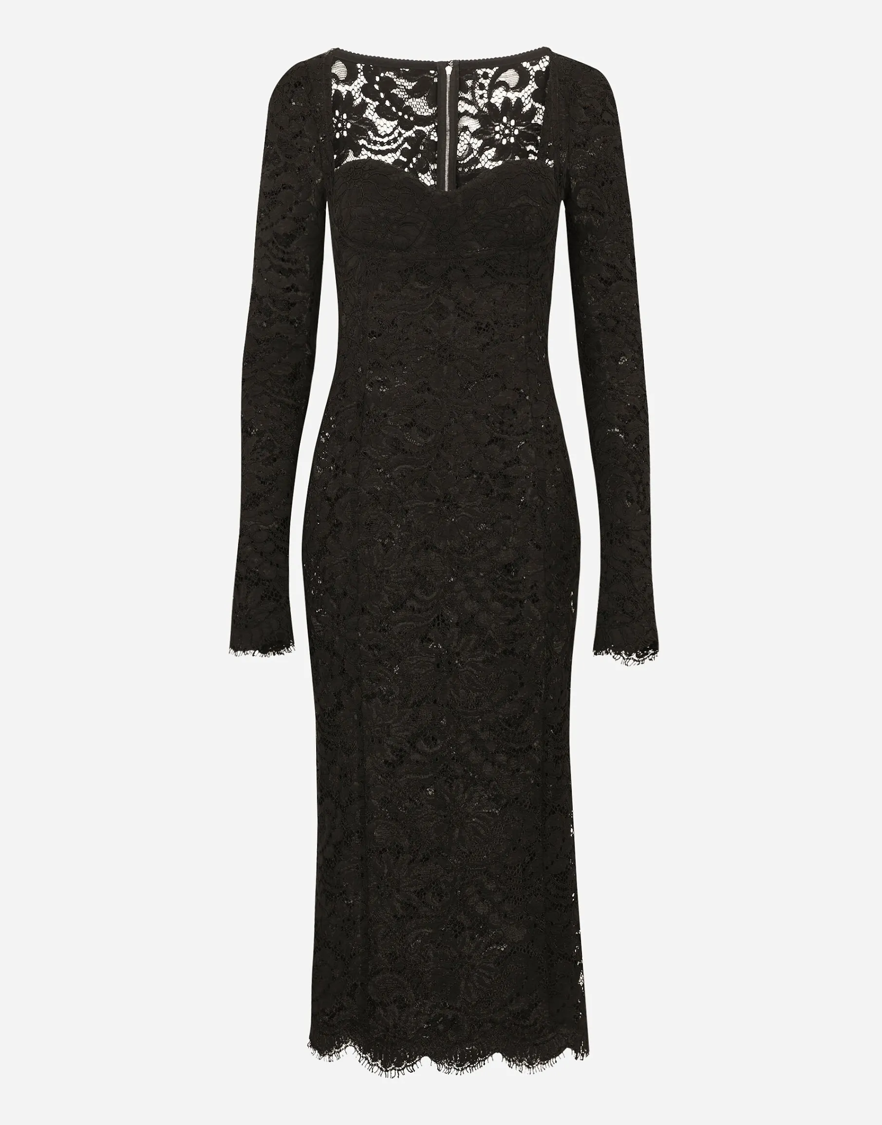 Lace calf-length dress with scalloped detailing