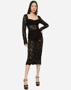 Lace calf-length dress with scalloped detailing