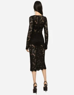 Lace calf-length dress with scalloped detailing