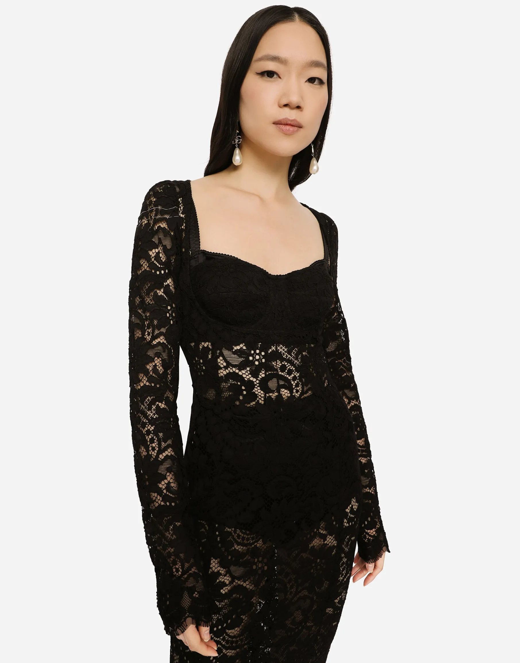 Lace calf-length dress with scalloped detailing