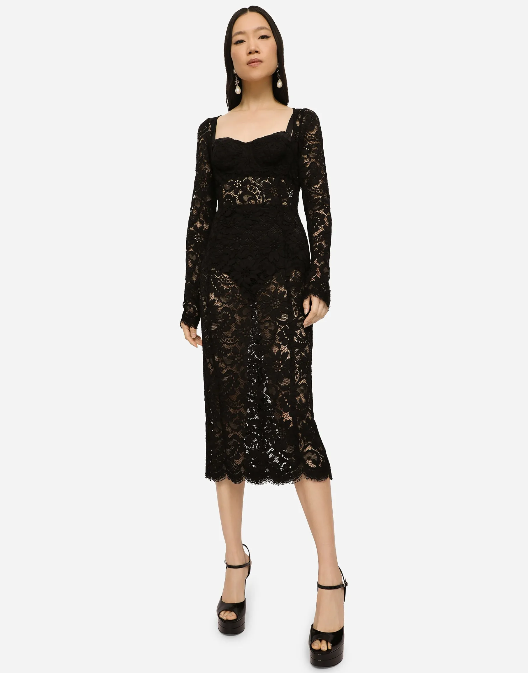 Lace calf-length dress with scalloped detailing