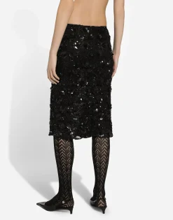 Lace calf-length skirt with all-over sequins