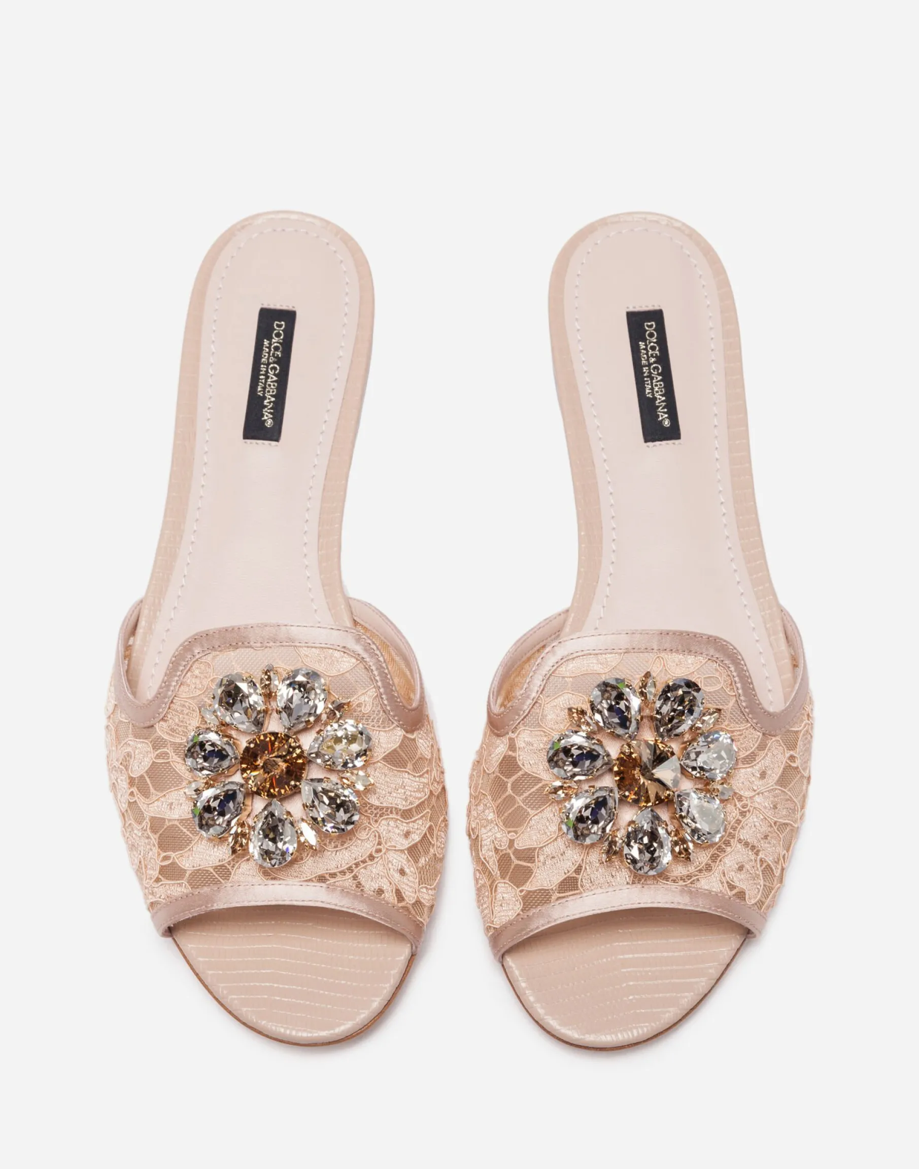 Lace rainbow slides with brooch detailing