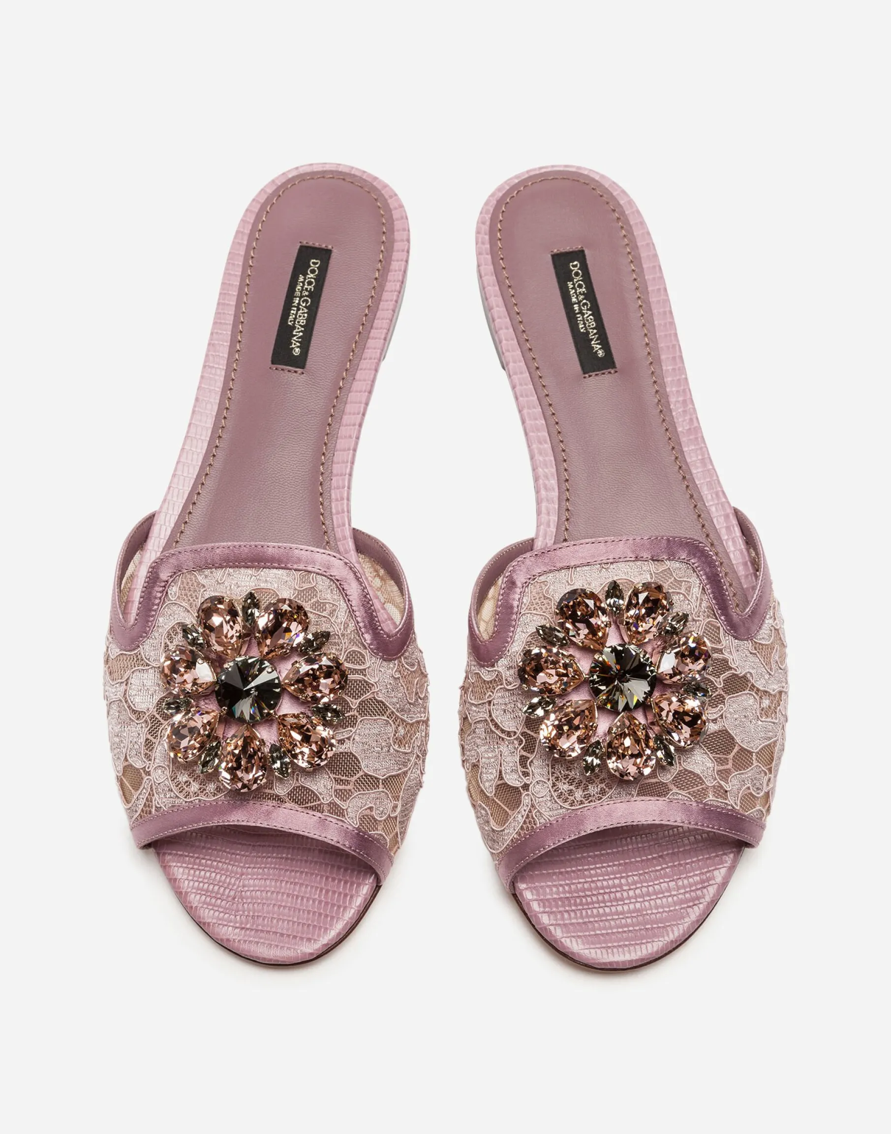 Lace rainbow slides with brooch detailing
