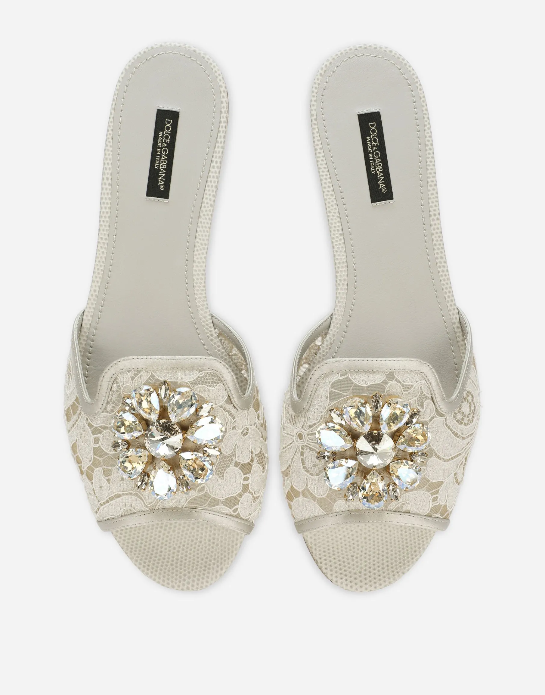 Lace rainbow slides with brooch detailing