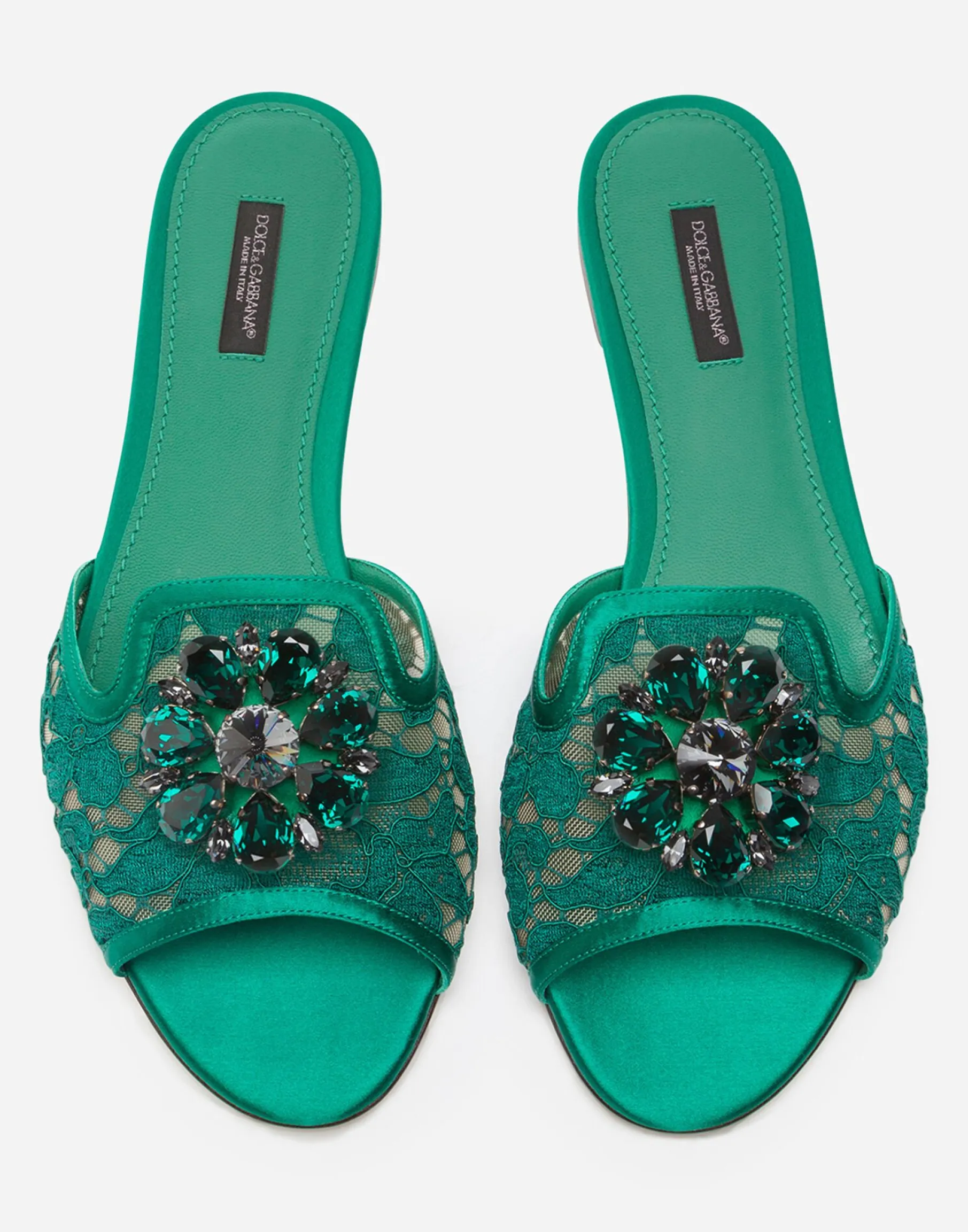 Lace rainbow slides with brooch detailing