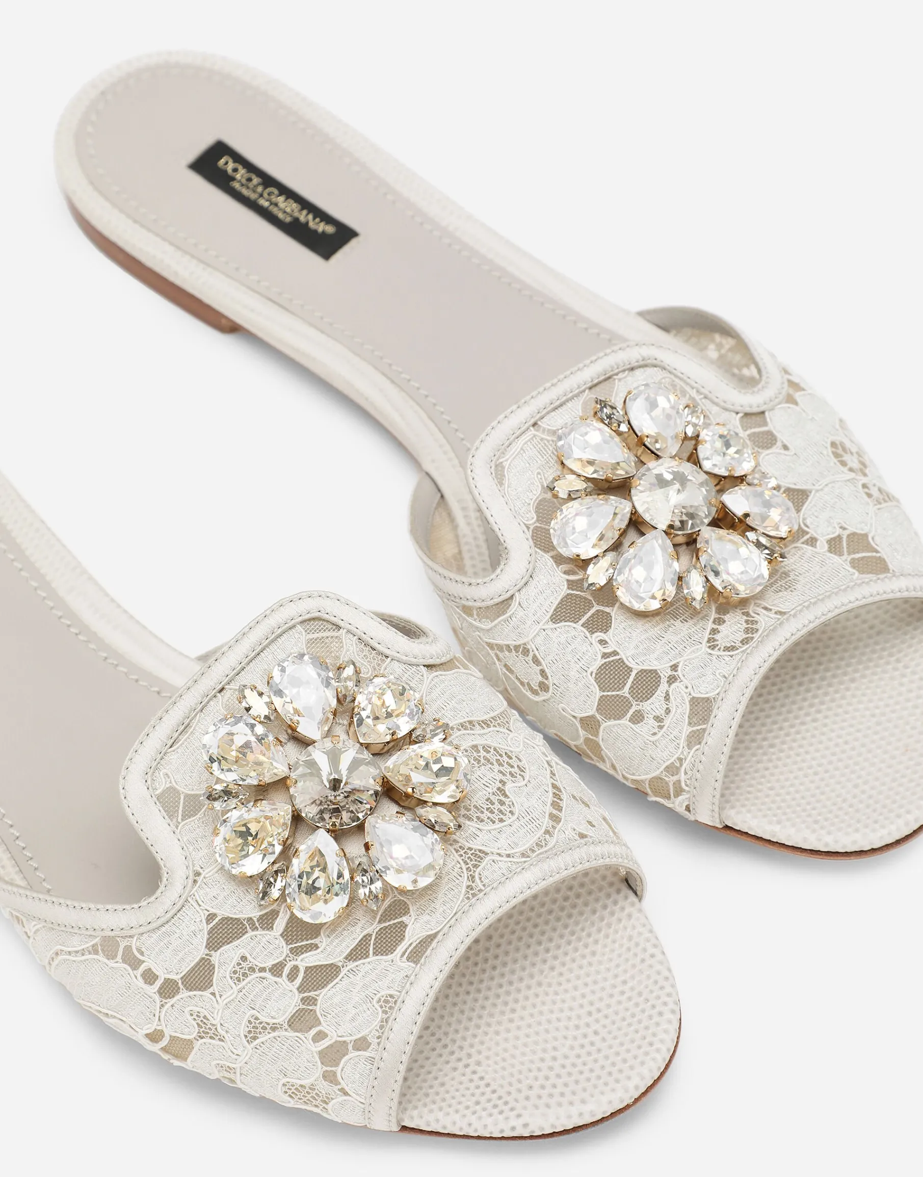 Lace rainbow slides with brooch detailing