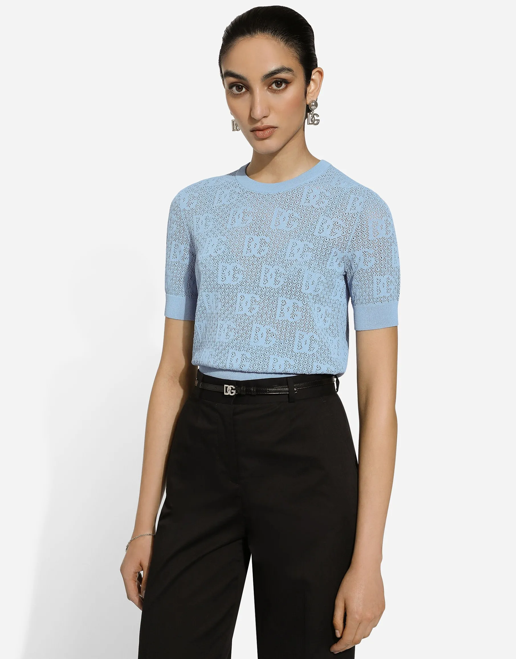 Lace-stitch viscose sweater with jacquard DG logo