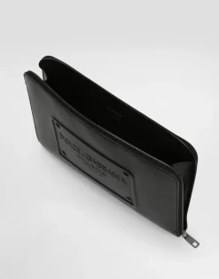 Large calfskin pouch with raised logo