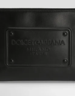 Large calfskin pouch with raised logo