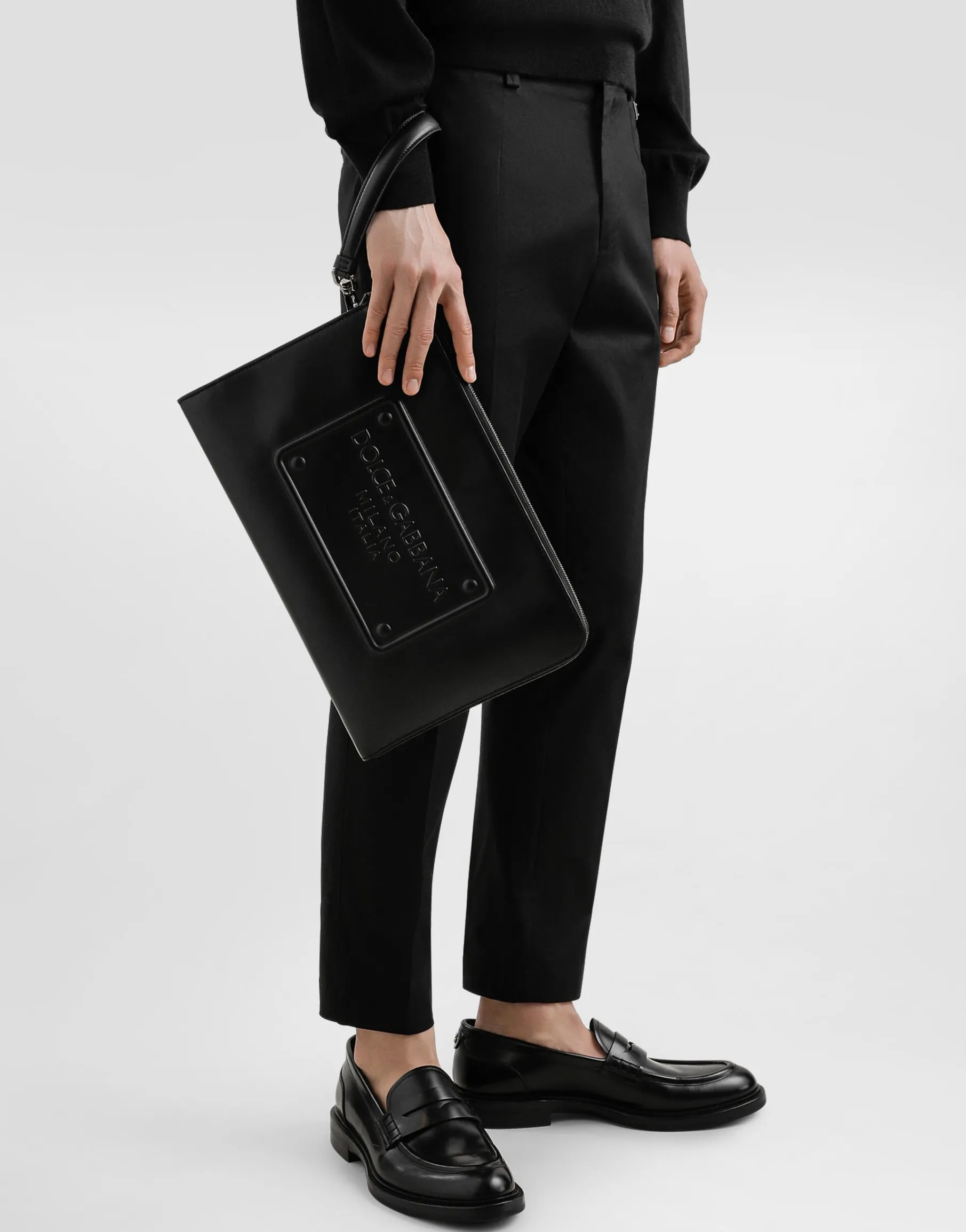Large calfskin pouch with raised logo