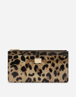 Large polished calfskin card holder with zipper and leopard print