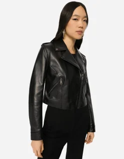 Leather biker jacket with tab details