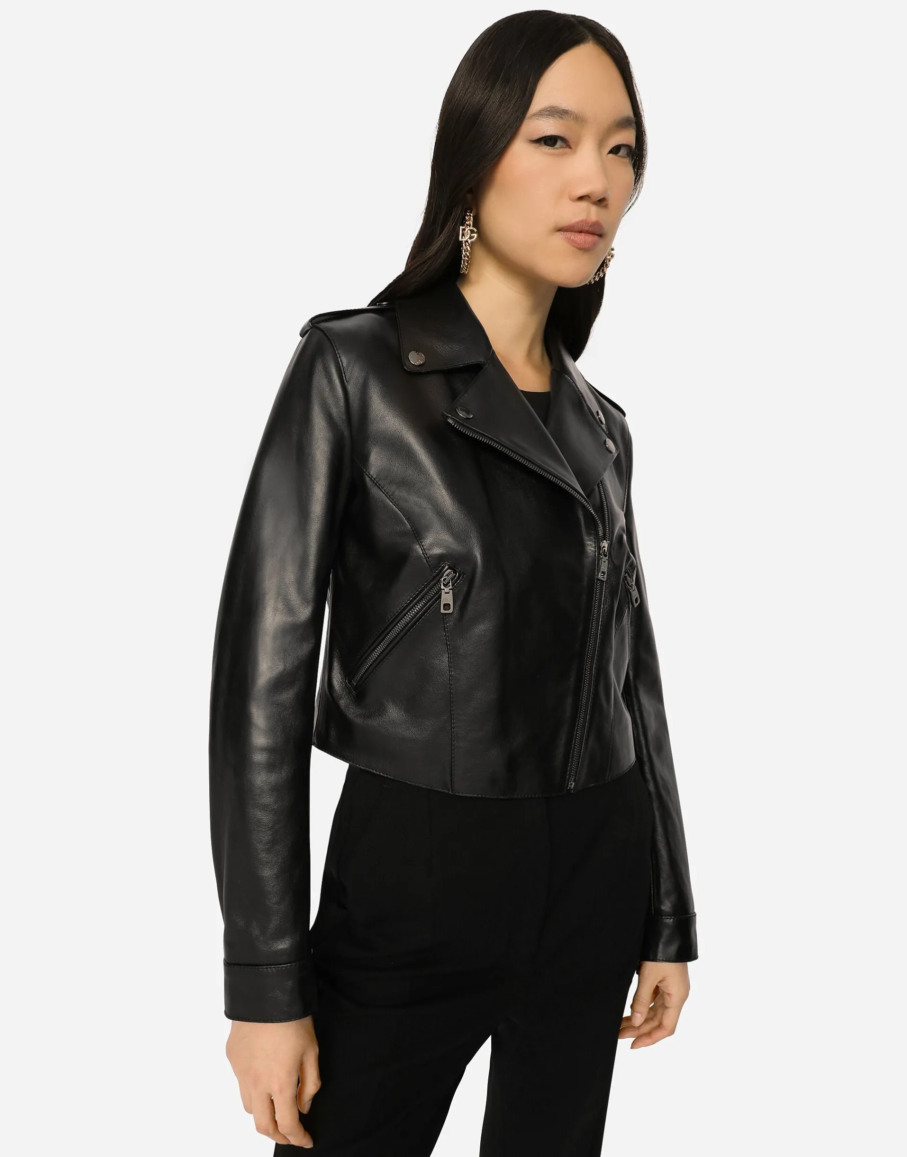 Leather biker jacket with tab details