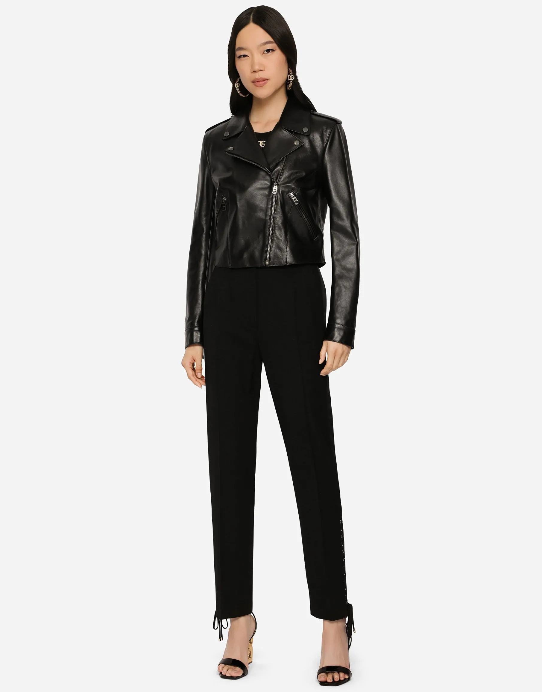 Leather biker jacket with tab details