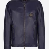 Leather jacket with branded tag
