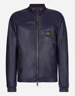 Leather jacket with branded tag