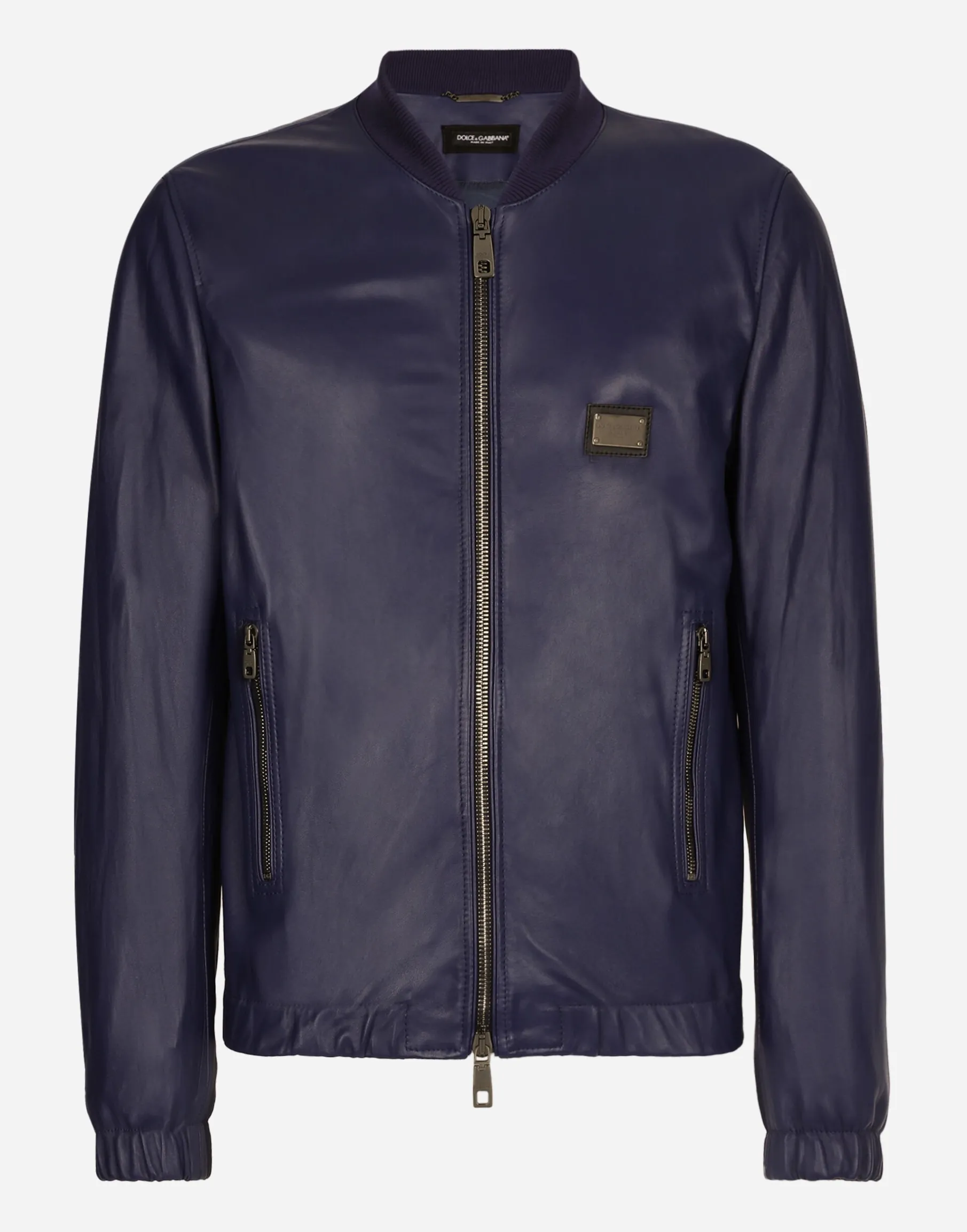 Leather jacket with branded tag