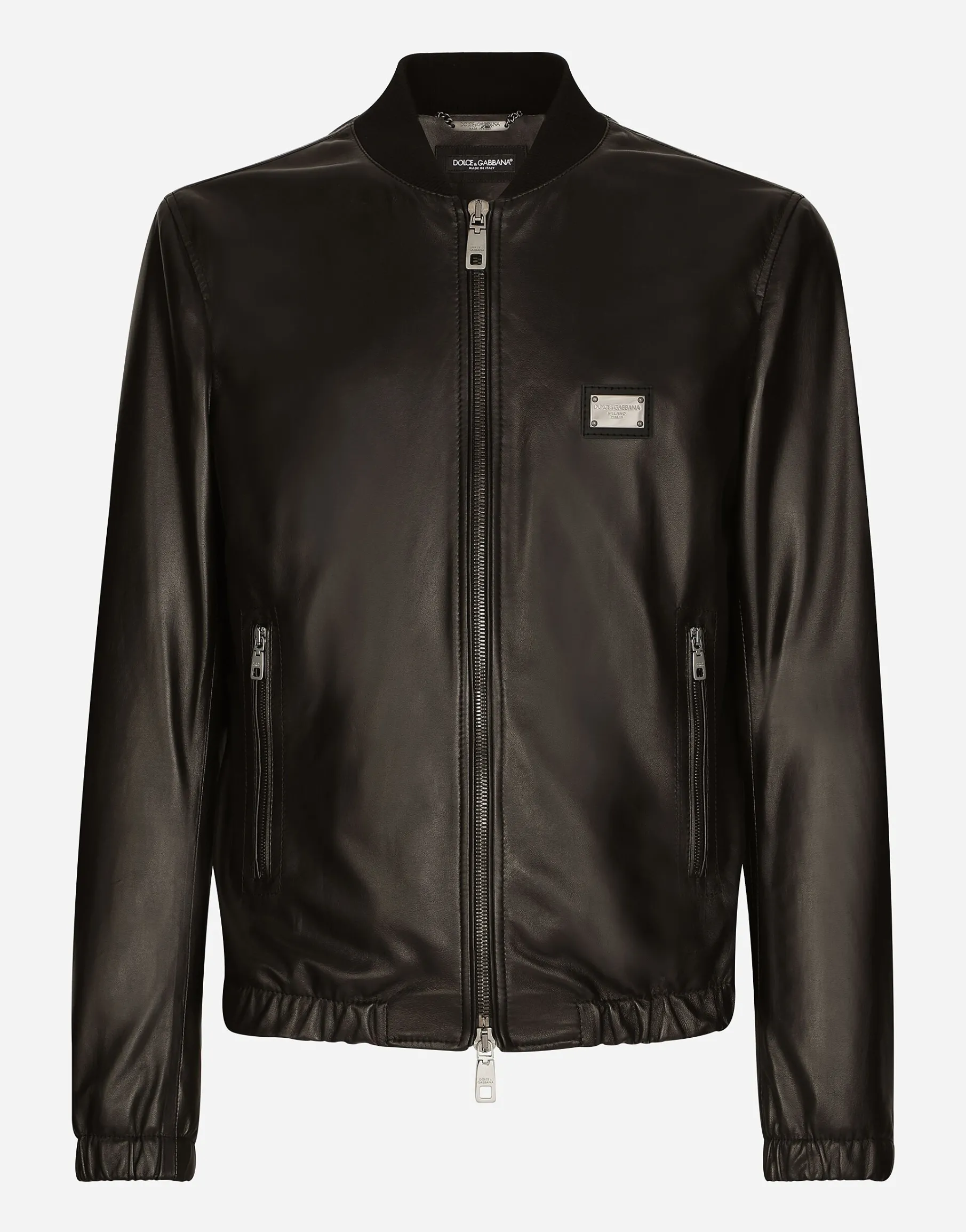 Leather jacket with branded tag