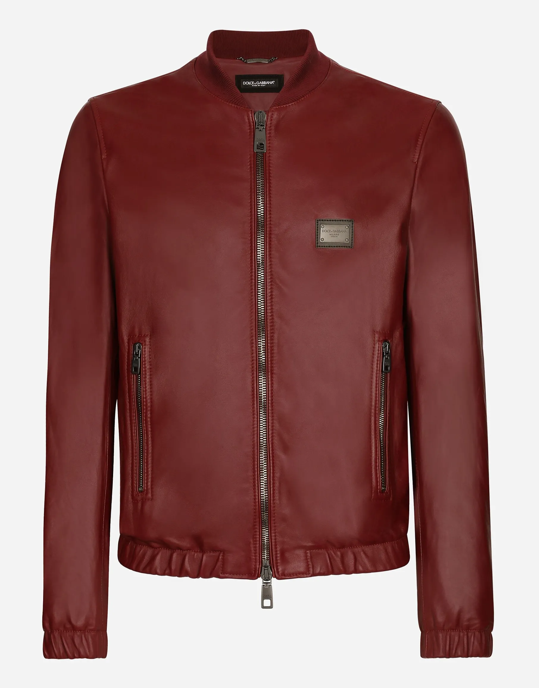 Leather jacket with branded tag