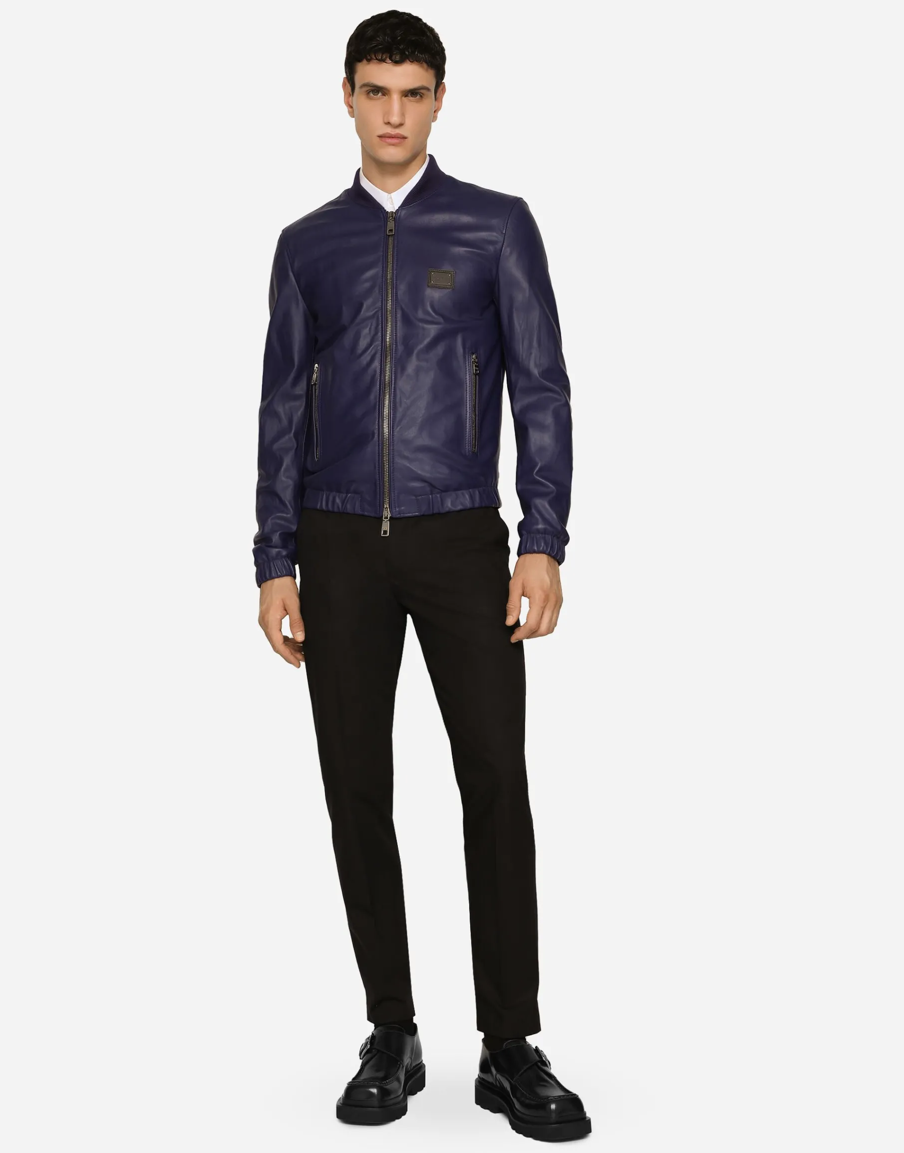Leather jacket with branded tag