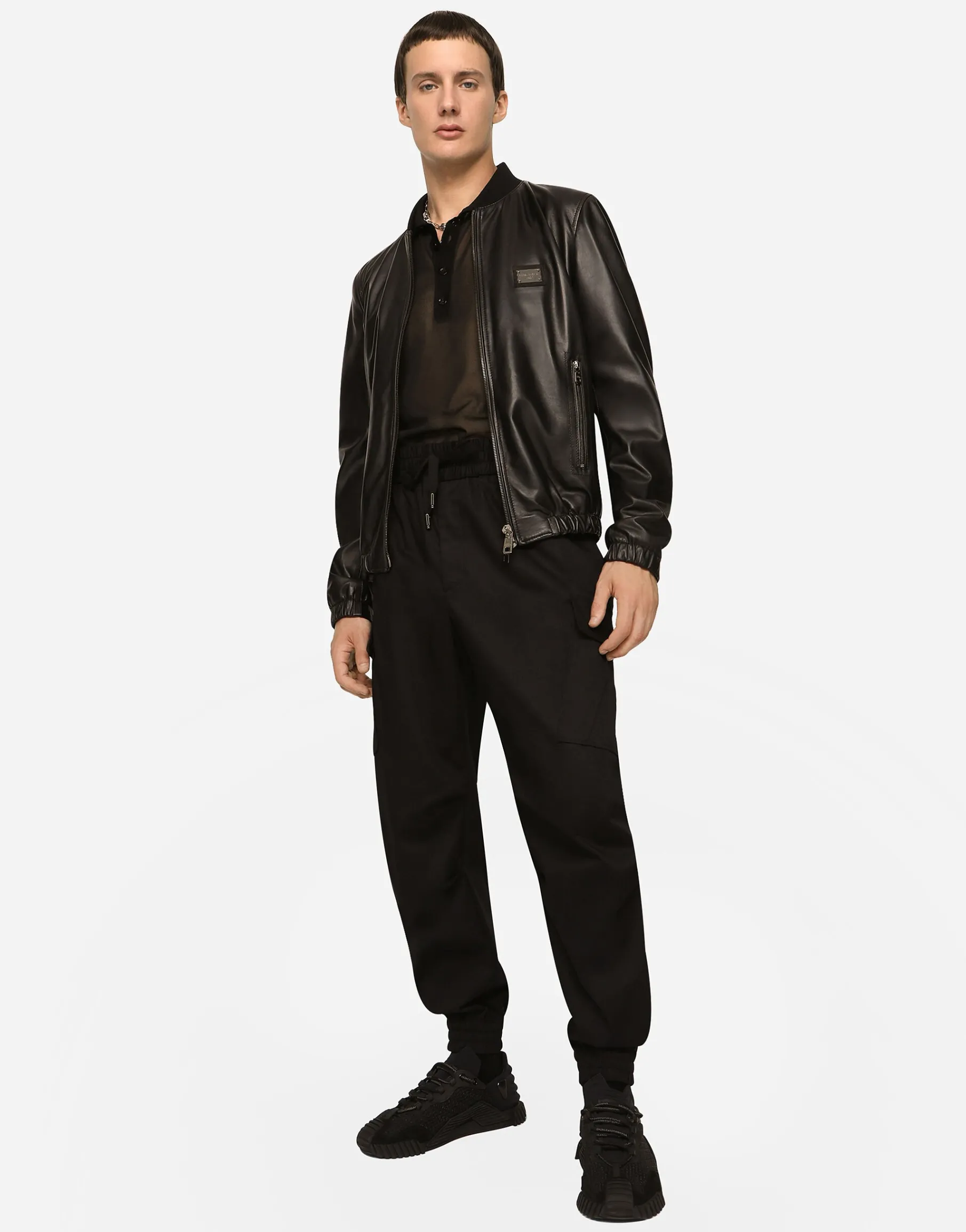 Leather jacket with branded tag