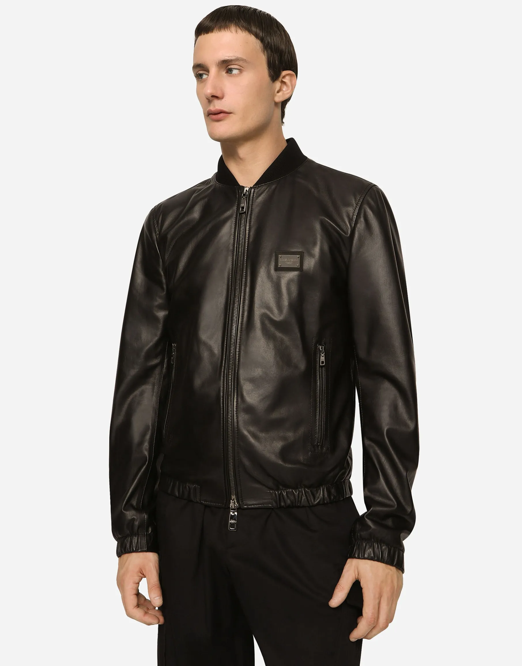 Leather jacket with branded tag