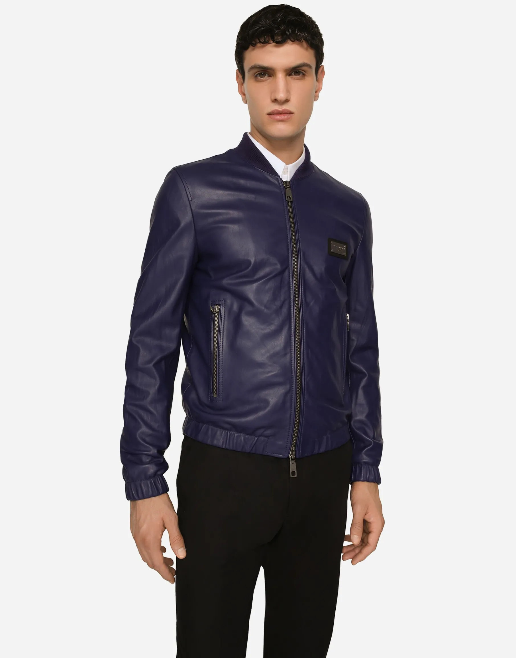 Leather jacket with branded tag