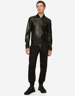 Leather jacket with branded tag