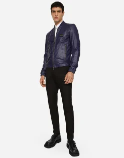 Leather jacket with branded tag
