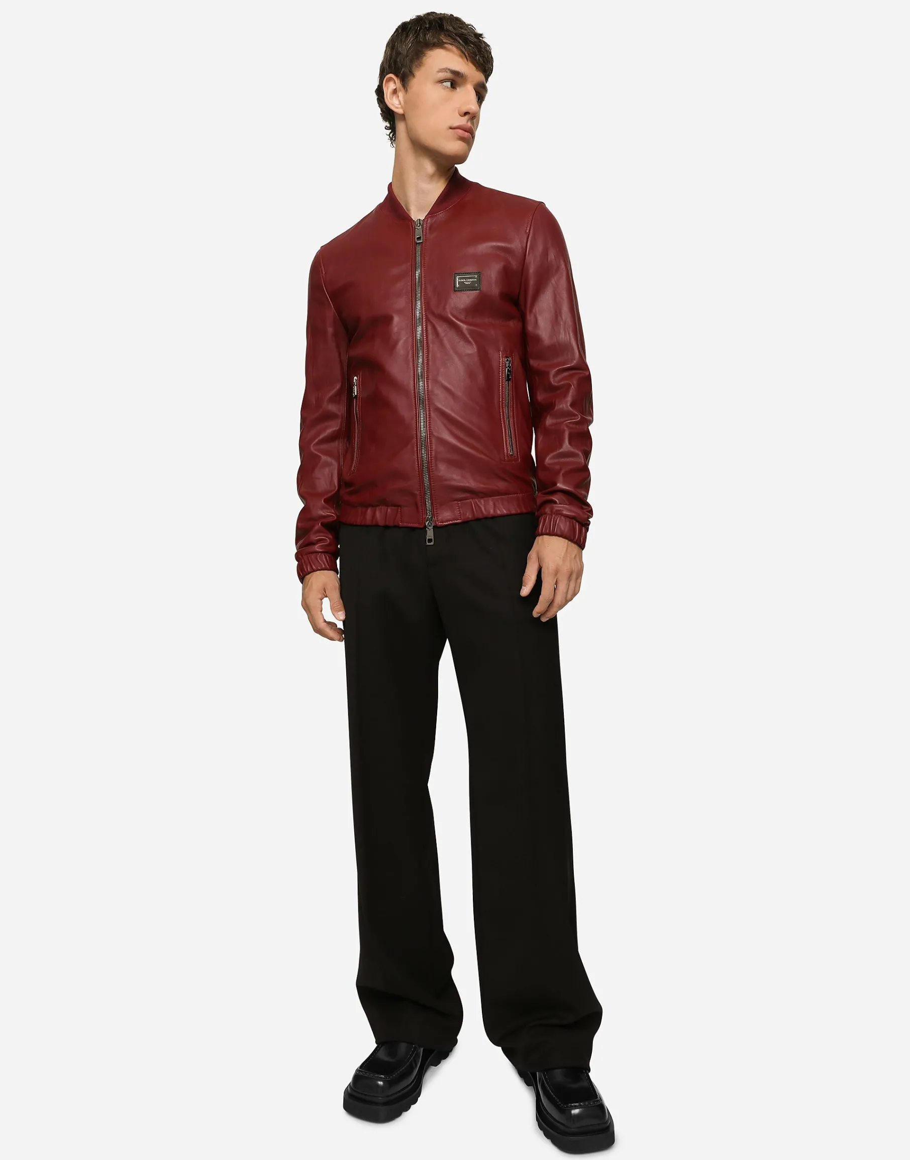 Leather jacket with branded tag