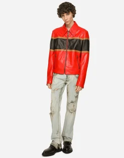 Leather jacket with contrasting inserts