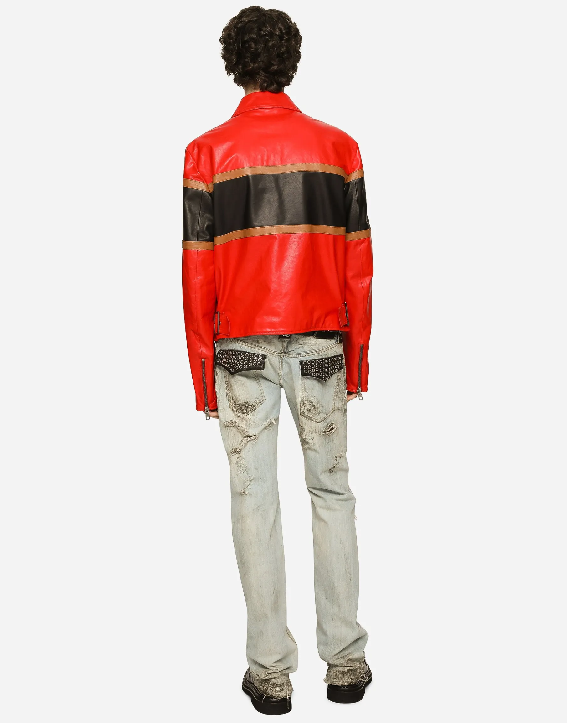 Leather jacket with contrasting inserts