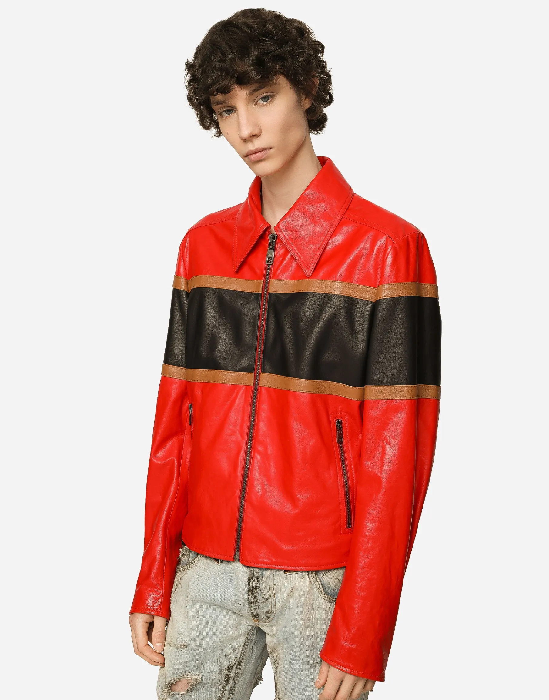 Leather jacket with contrasting inserts