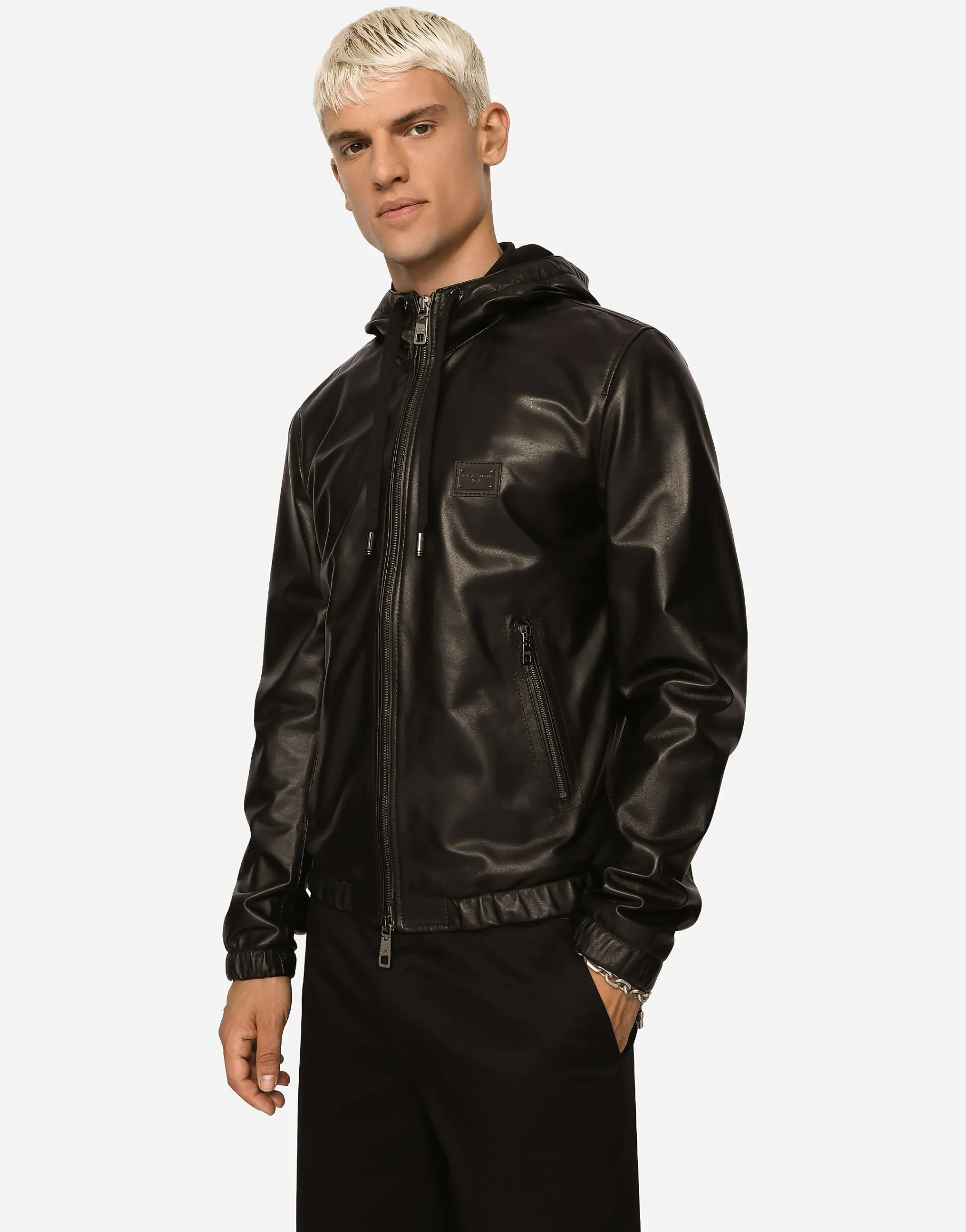 Leather jacket with hood and branded tag