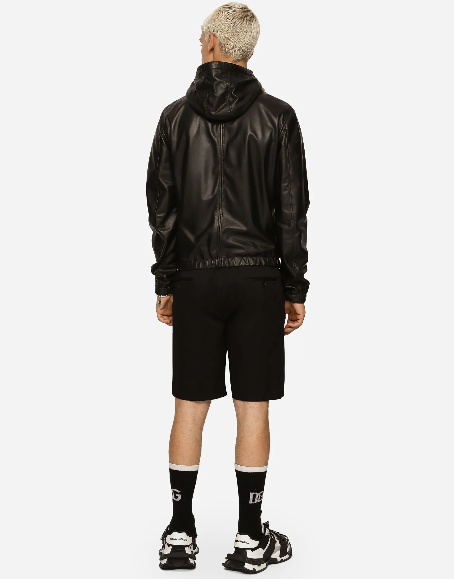 Leather jacket with hood and branded tag