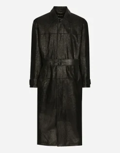 Leather trench coat with belt
