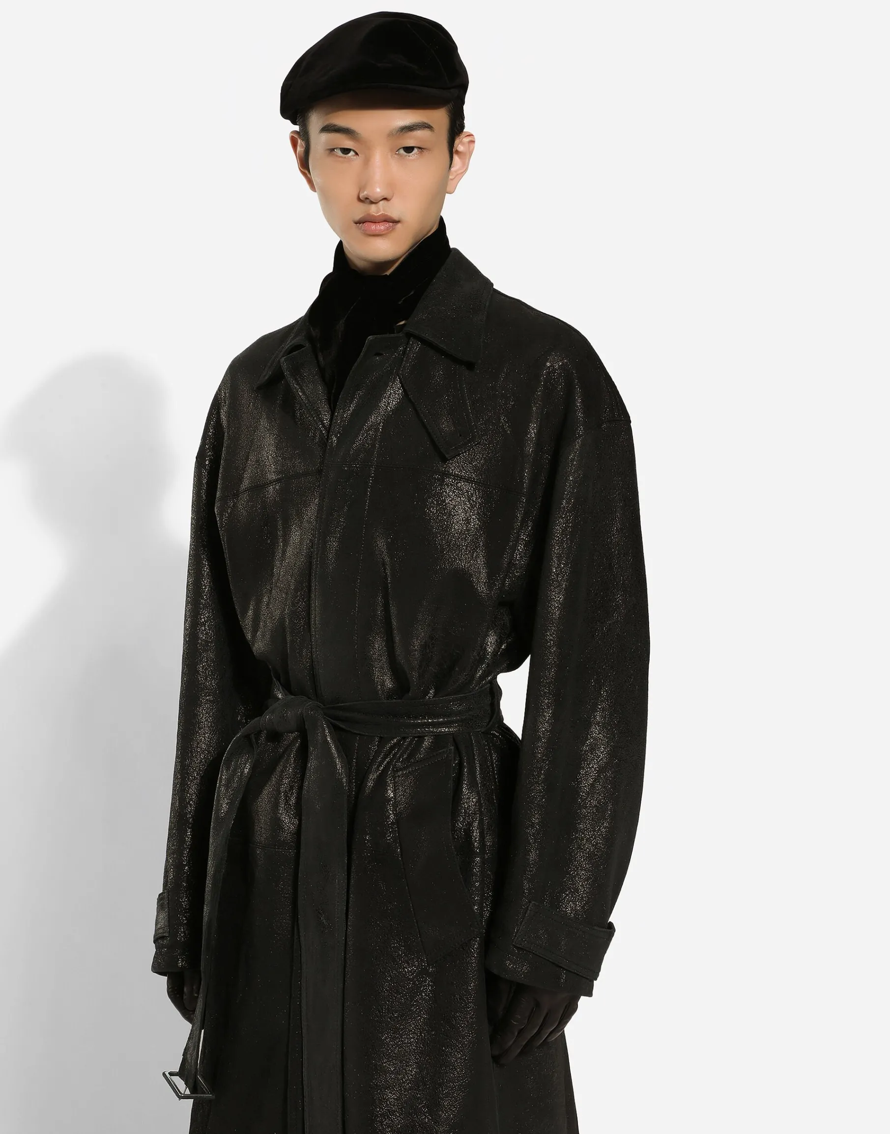 Leather trench coat with belt
