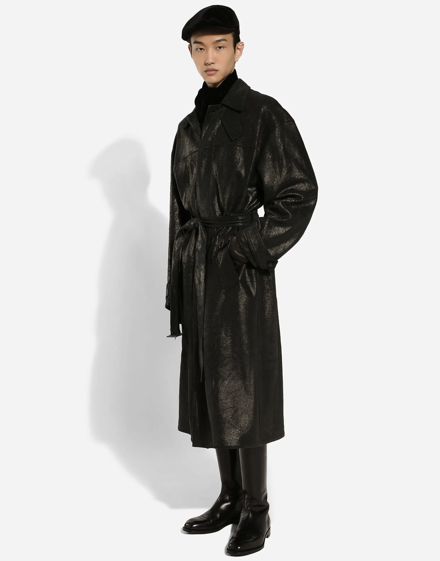 Leather trench coat with belt