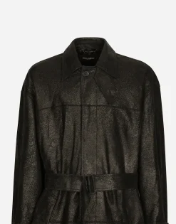 Leather trench coat with belt