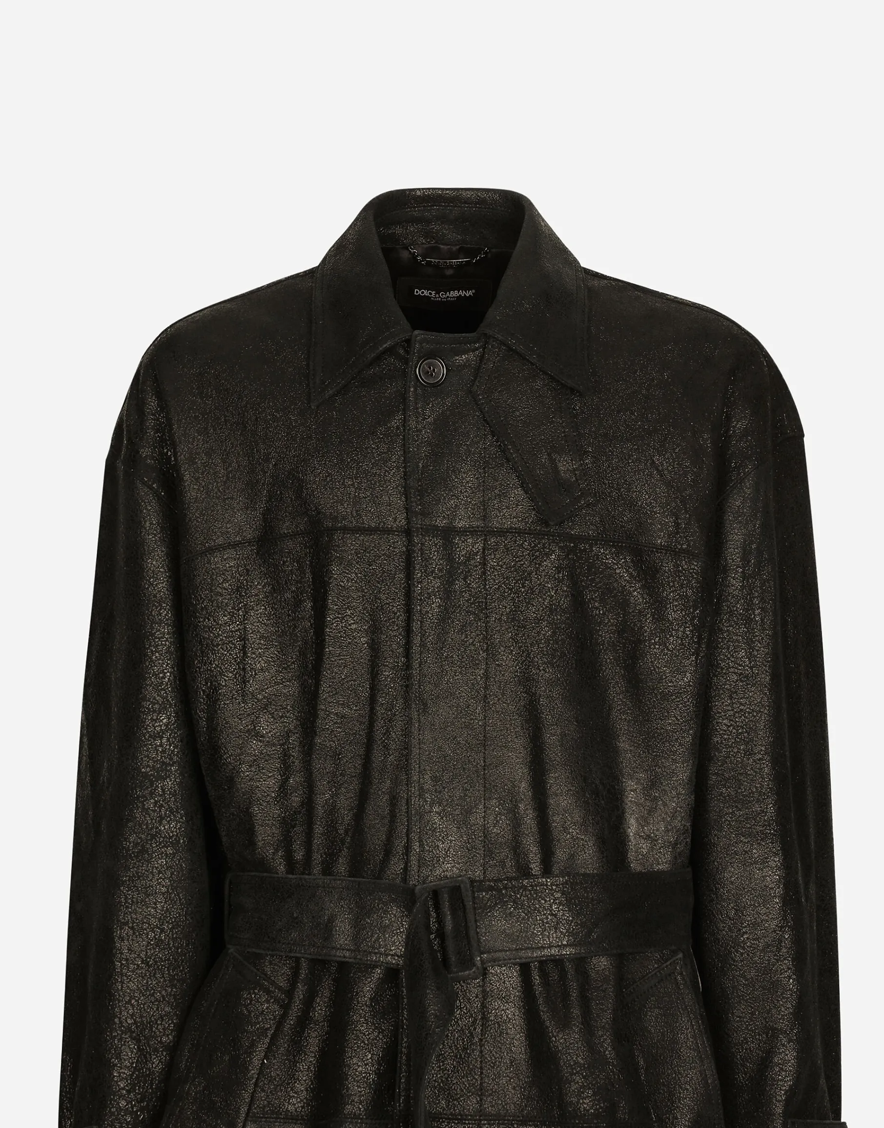 Leather trench coat with belt