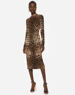 Leopard-print cady dress with long sleeves