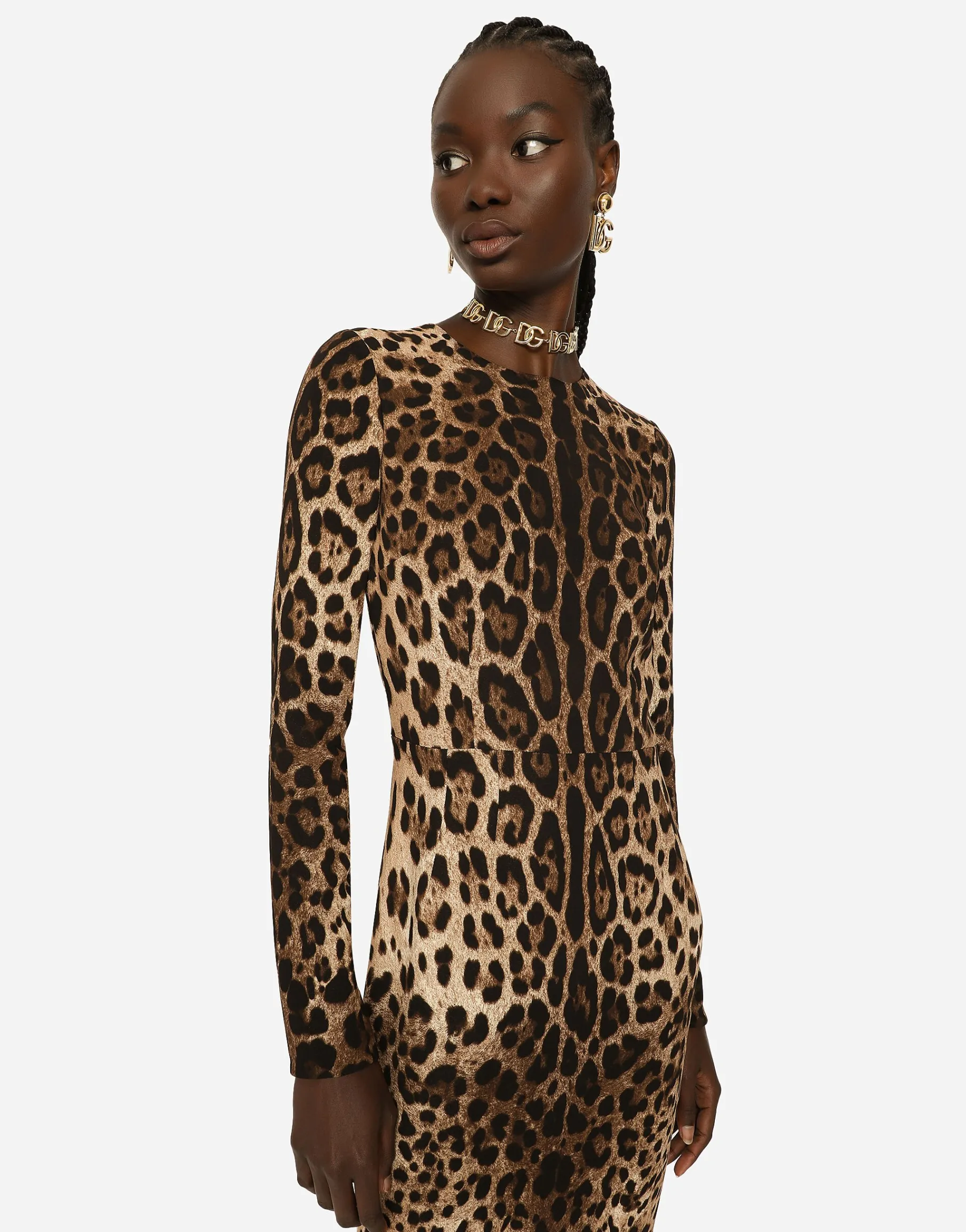 Leopard-print cady dress with long sleeves