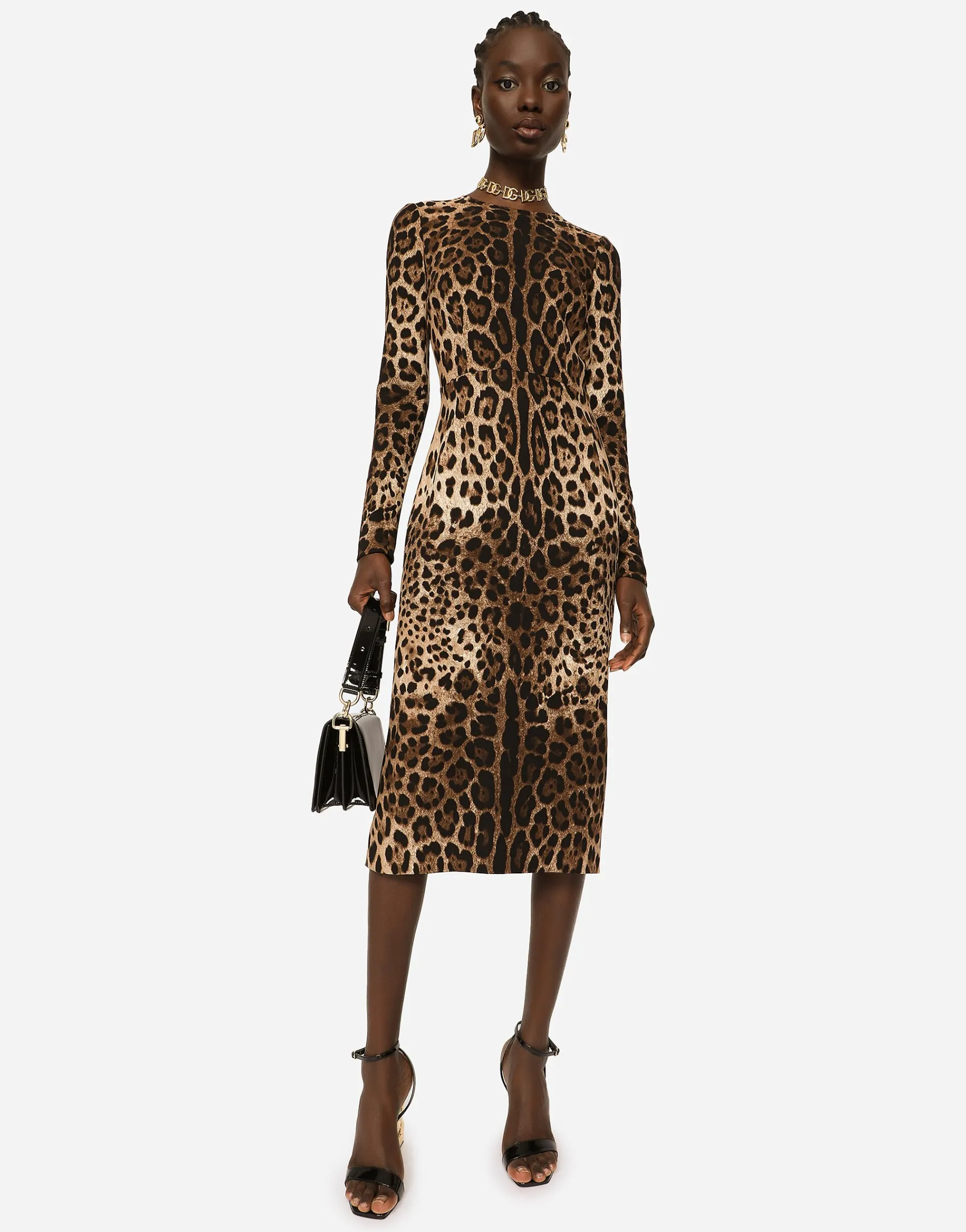 Leopard-print cady dress with long sleeves