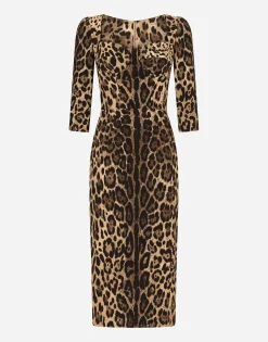 Leopard-print calf-length cady dress