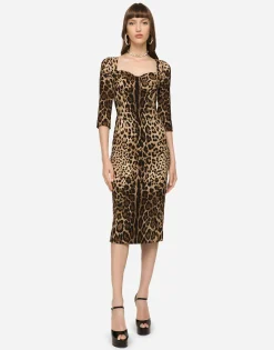 Leopard-print calf-length cady dress